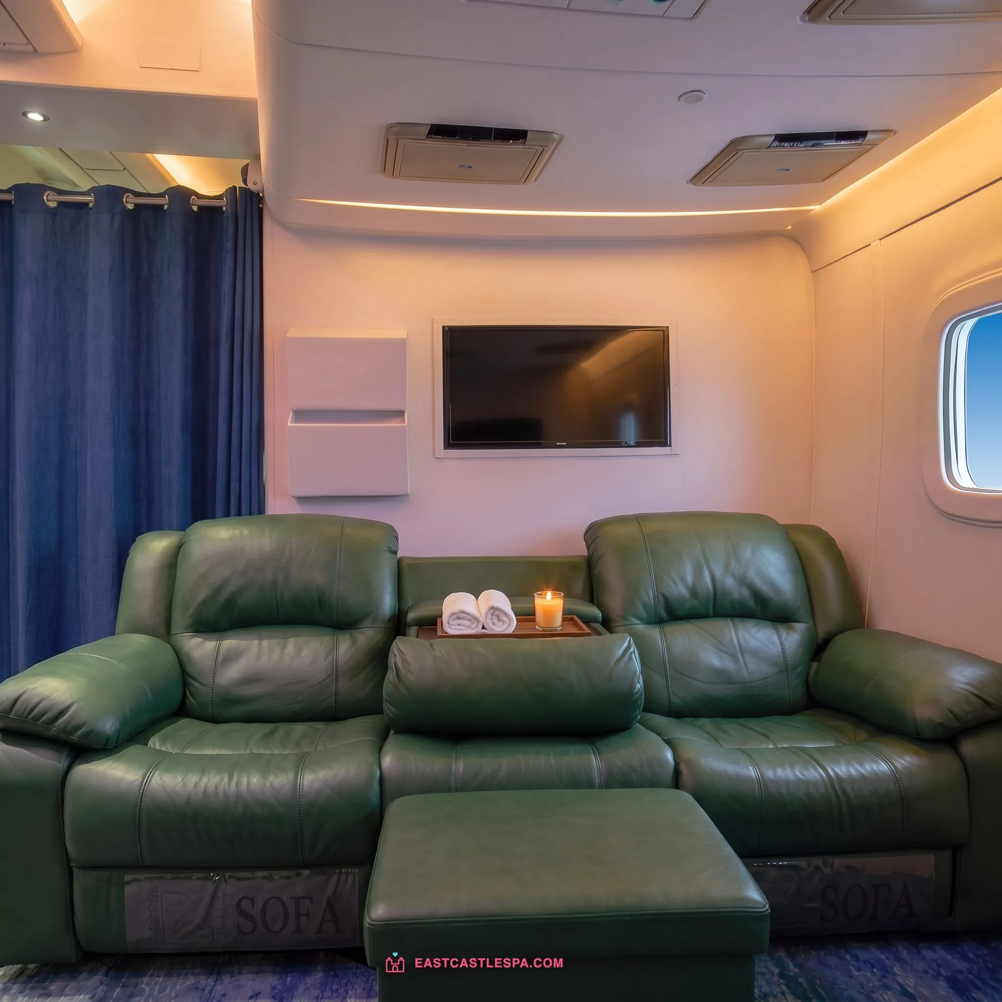 Lounge seating in the airplane cabin theme room at East Castle Spa Macau
