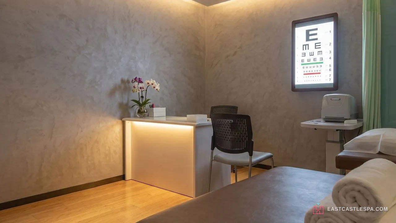 Macau sauna East Castle Spa medical clinic theme room with an eye-chart lightbox, mint curtain and brown massage bed, in use once therapists start at 15:00