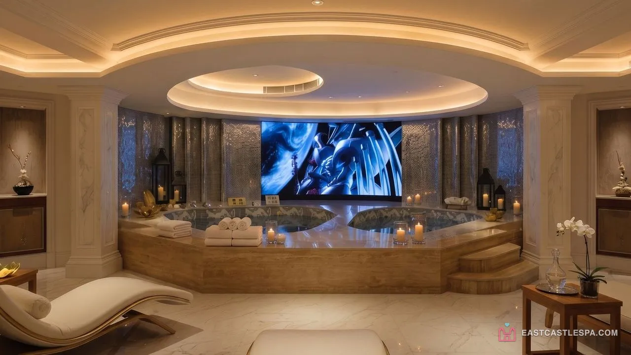 Macau sauna East Castle Spa jacuzzi bath hall with a row of recliners, warm cove lighting and an LED wall, the first area a morning arrival uses