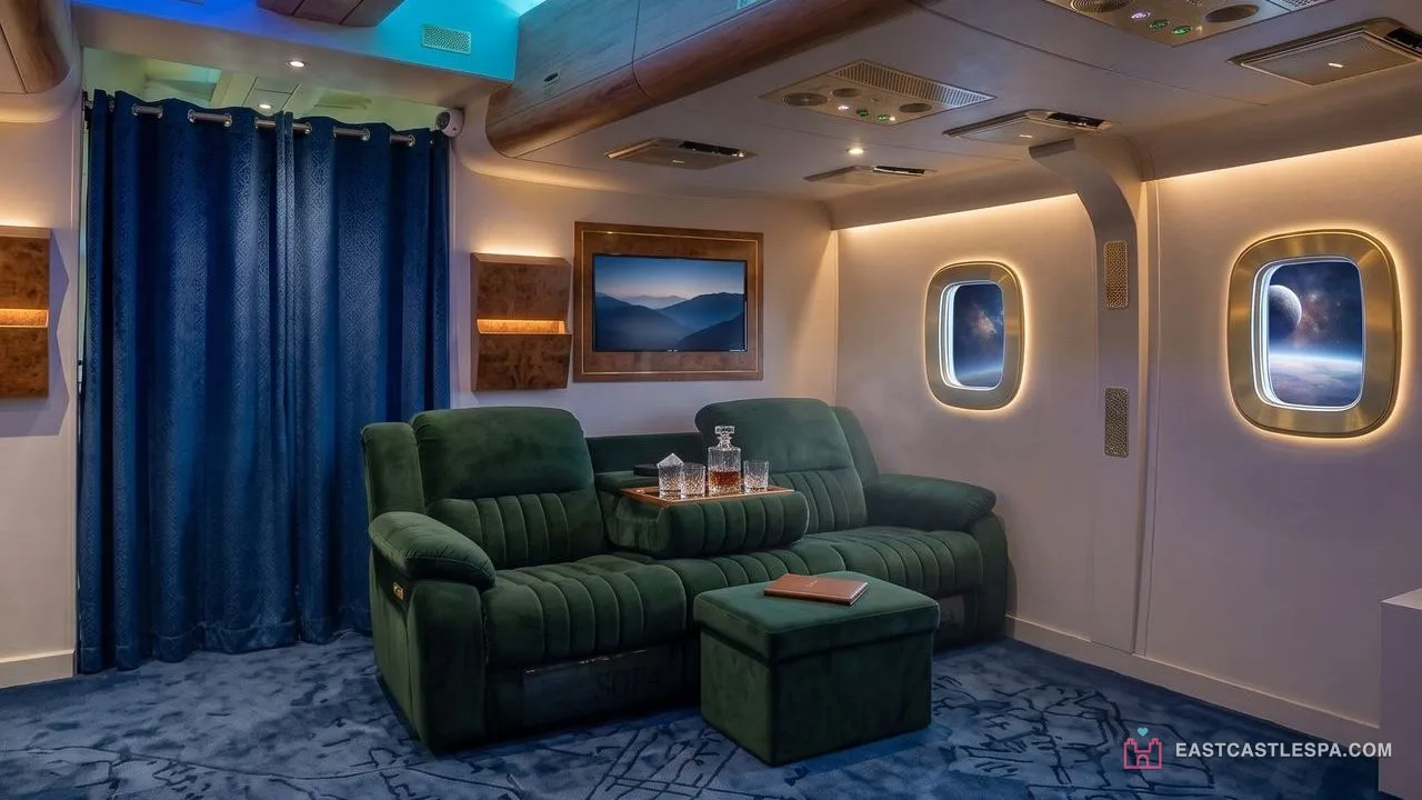Sofa lounge area and cabin windows inside the airplane-cabin scenario theme room at East Castle Spa