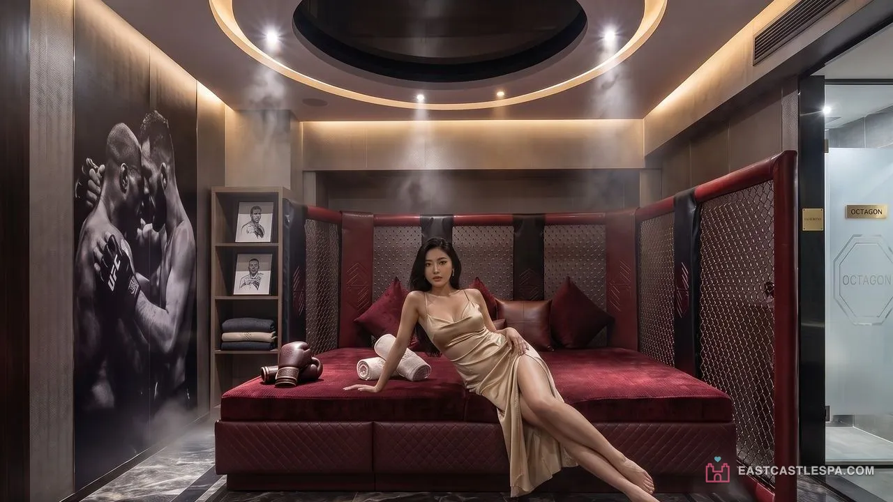 A woman in a champagne satin slip dress reclining on a deep-red quilted platform bed in the boxing-ring theme room at East Castle Spa, boxing gloves and rolled towels beside her, cage-style padded panels behind